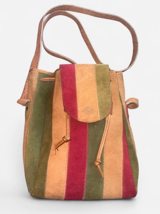 Handbags - Striped Suede Bucket Bag - Olive, Rust & Berry